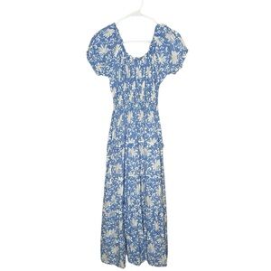 Pink City Prints Puff Sleeve Blue White Floral Midi Dress Smocked Size Small
